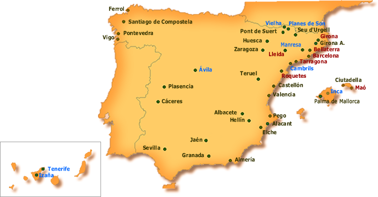 Mapa d'Espanya amb les localitats estudiades